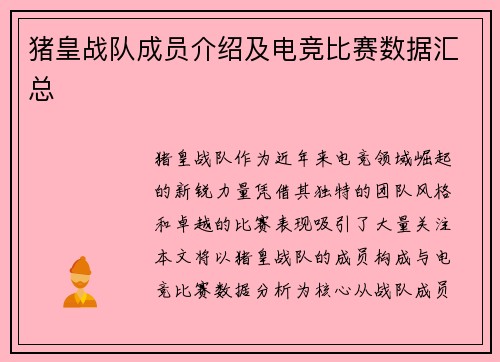 猪皇战队成员介绍及电竞比赛数据汇总